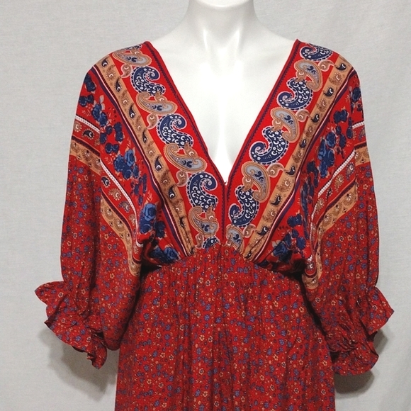 Umgee Boho Floral Hi-Low Maxi Dress L Plunging V-Neck V-back Flowy Festival Chic - Picture 5 of 14